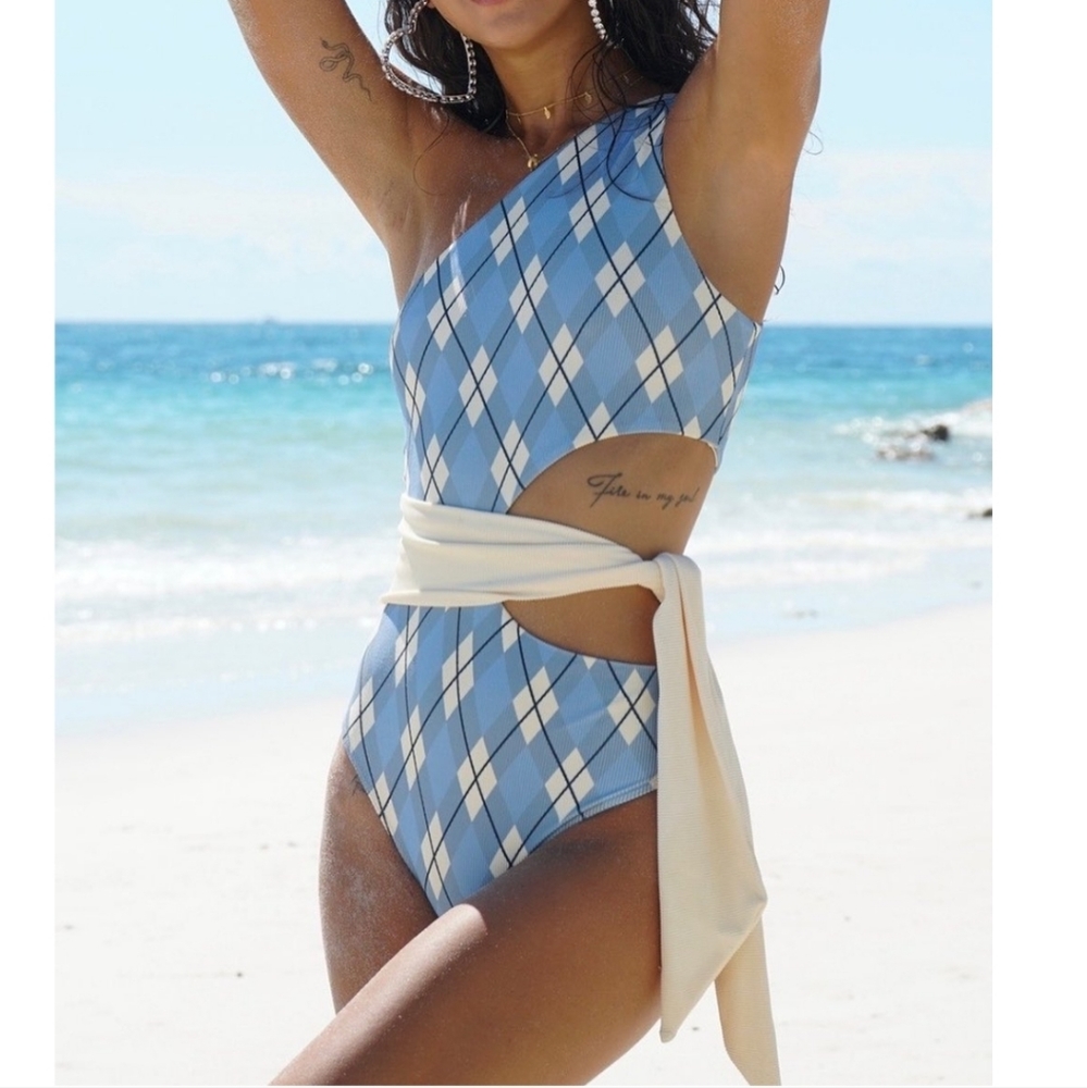 Beach Riot Blue Plaid One-Shoulder Cutout One-Piece with Cream Sash